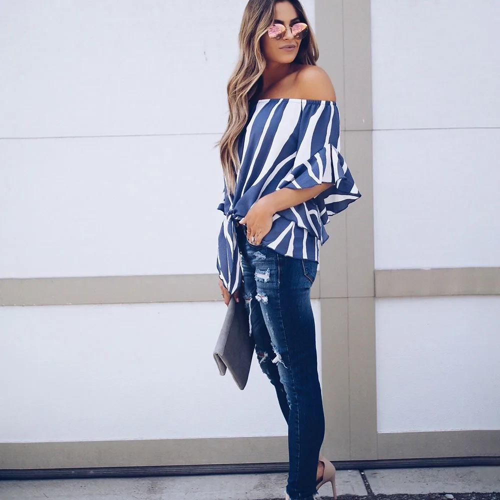 

Spring Fashion Sexy Slash Neck Womens Tops And Blouses Casual Loose Ruffles Sleeve Striped Office Elegant Top Shirt