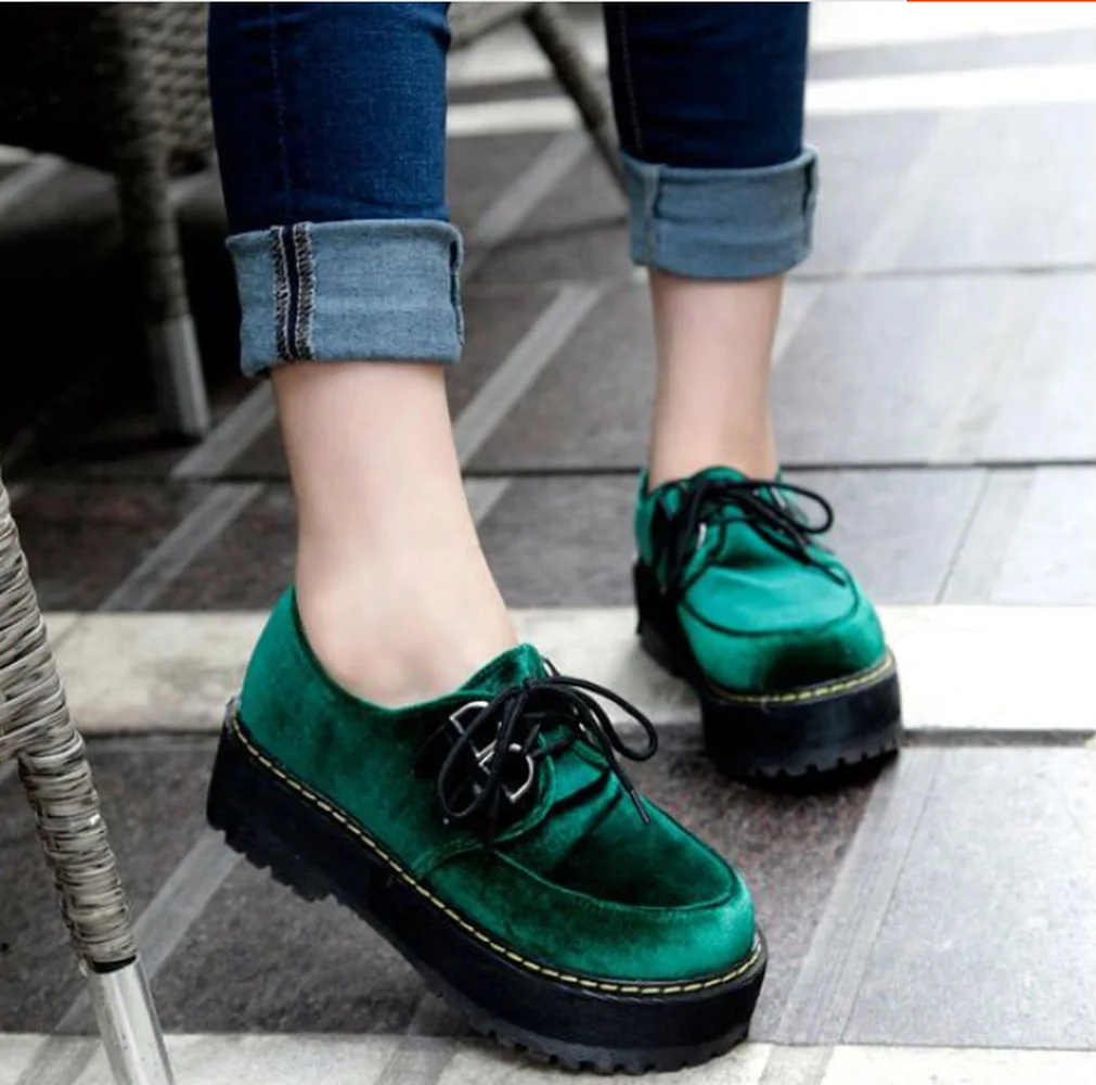 

OLOMLB Womens Round Toe Lace Up Platform Ankle Boots Oxfords Velvet Chunky Heel Vintage Retro Gothic Shoes Green Red New 2022