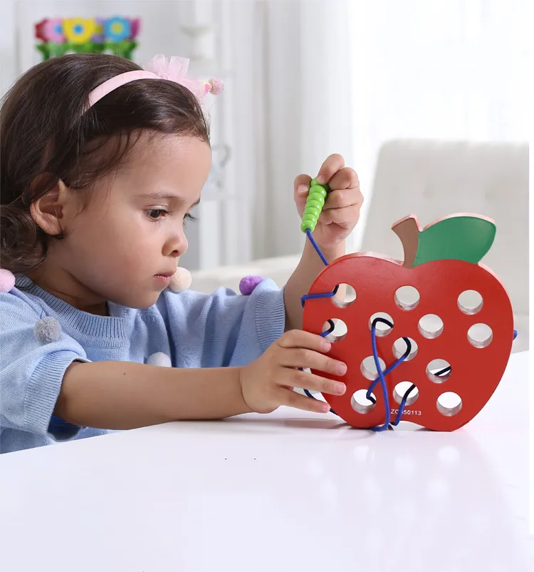 Wooden Threading Fruit Lacing Toy Strawberry Pineapple Watermelon Montessori Block Puzzles Baby Children Educational Toys