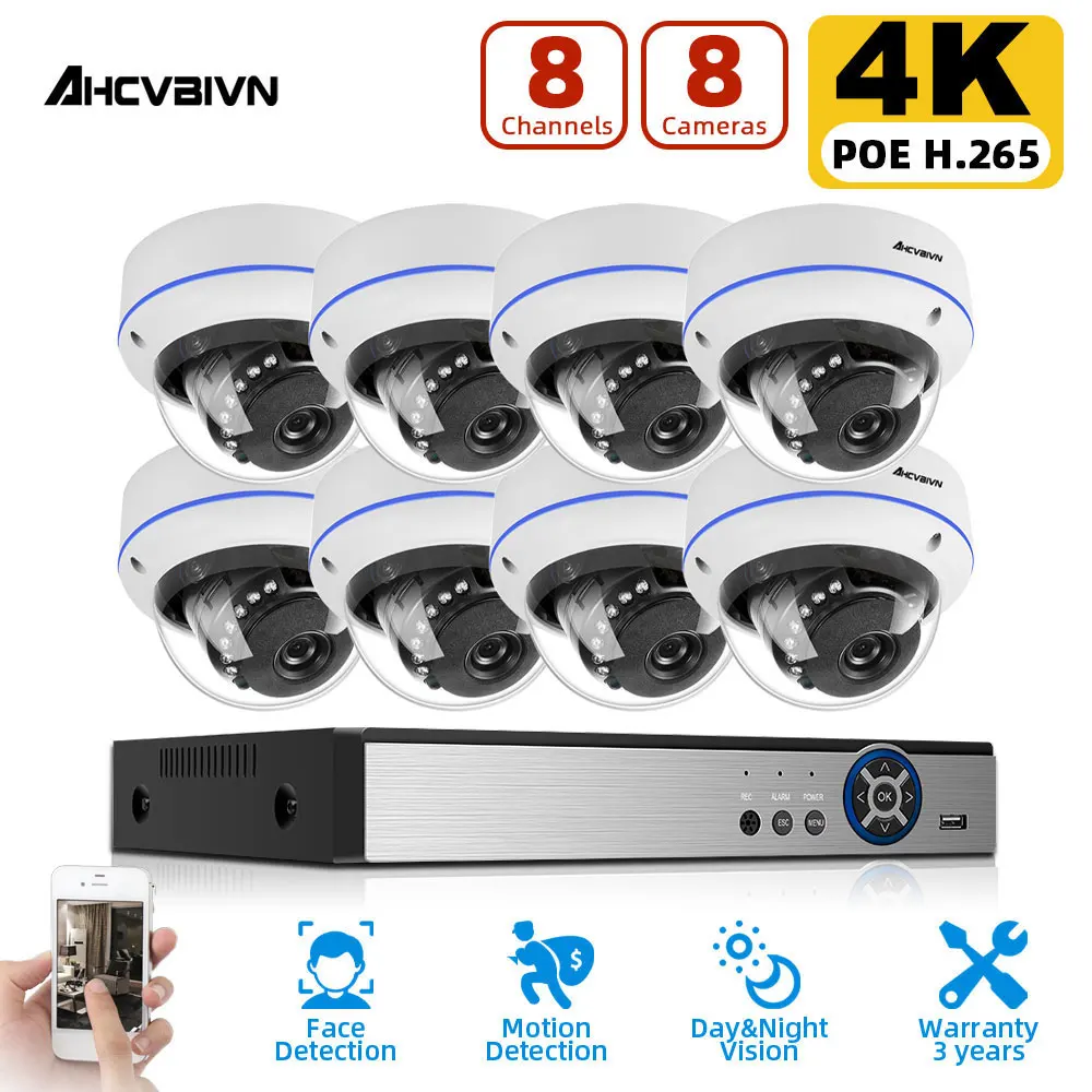 

Комплект камер видеонаблюдения, 8 каналов, 4K POE NVR, 8 Мп, 5 МП, 4 МП, ИК наружная купольная POE IP-камера, комплект видеонаблюдения Onvif XMEYE