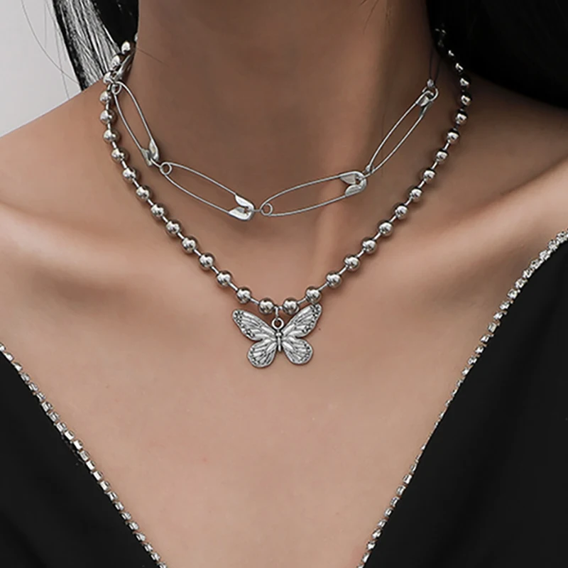 

Goth Butterfly Pedant Necklace for Women HNew Fashion Pin Chains Layered Choker Men Necklace Jewelry Couples Collarars Jewelry