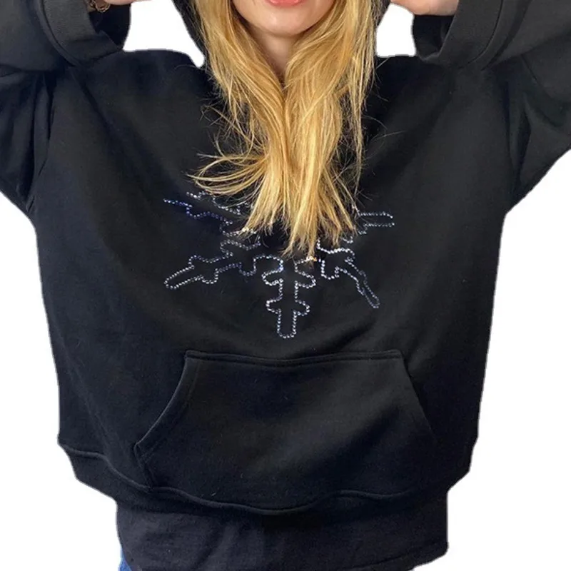 

Autumn Fashion Black Women Hoodie Hooded Snow Print Pullovers Loose Long Sleeves Hoodies 2021 Gothic Punk Solid Swearshirt