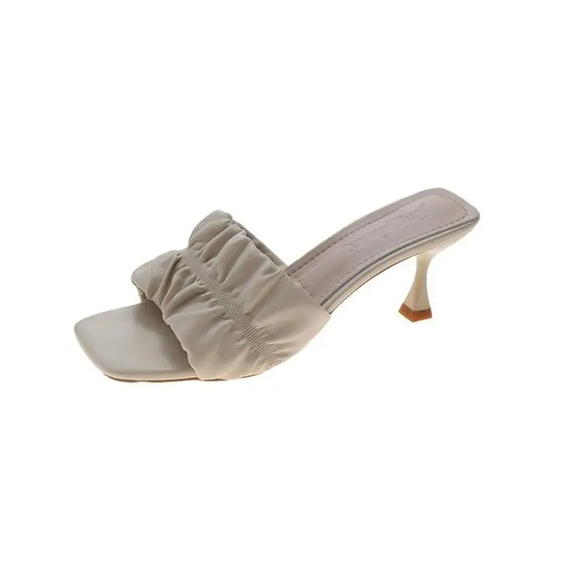 

Slippers Women Summer Thin Heels Slides Fashion Shoes Pantofle Heeled Mules Soft Luxury 2021 High PU Rome Rubber Pumps Female Sh
