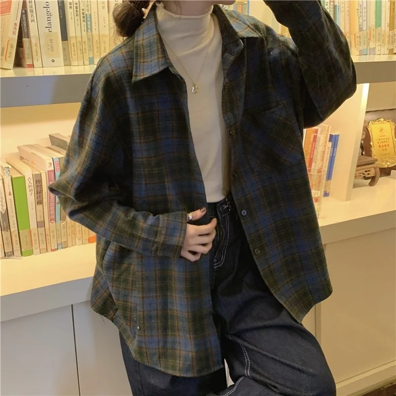 

Retro Plaid Design Long-Sleeved Shirt for Women 2021 New Style Loose Casual Shirt Top Fashion