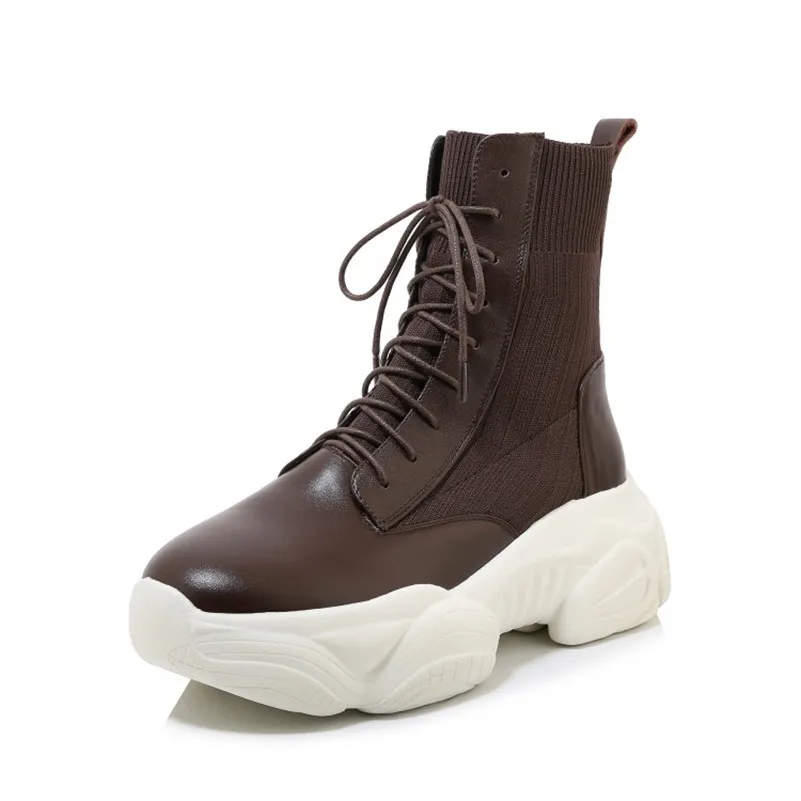 

FOREADA Natural Genuine Leather Woman Boots Flat Platform Ankle Boots Lace Up Shoes Female Short Boots Autumn Winter Brown 34-40