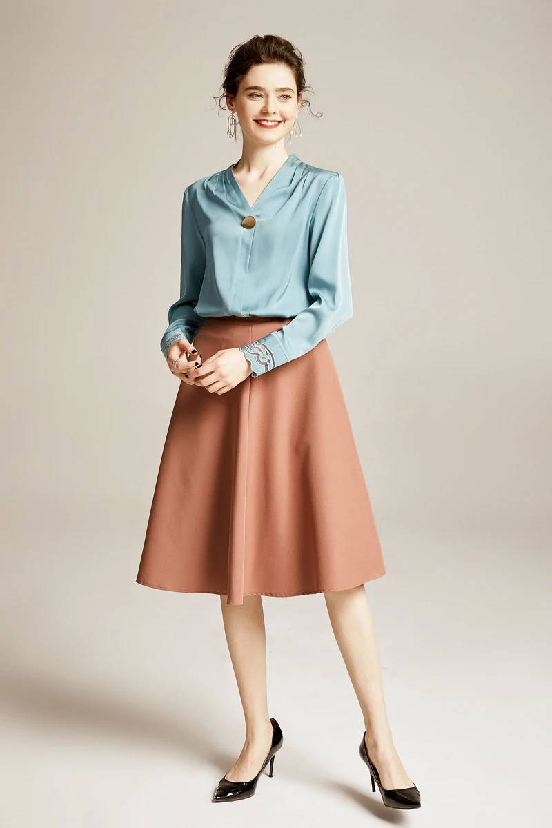 Женские шелковые рубашки сексуальные V образным вырезом с длинным рукавом