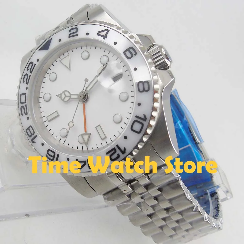 Мужские часы Bliger 40 мм GMT 3804 автоматические стеклянные saphire с белым циферблатом