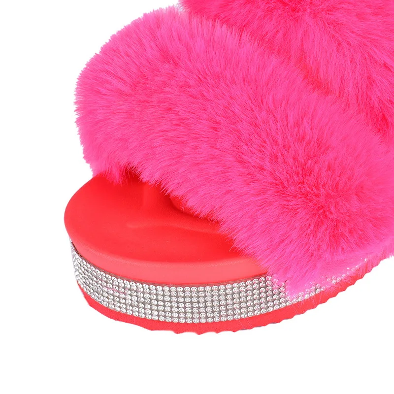 

LITTHING 2021 New Bling Women Plush Slippers Fur Slides Rhinestones Home Flat Platform Warm Slippers Casual Slippers Fluffy