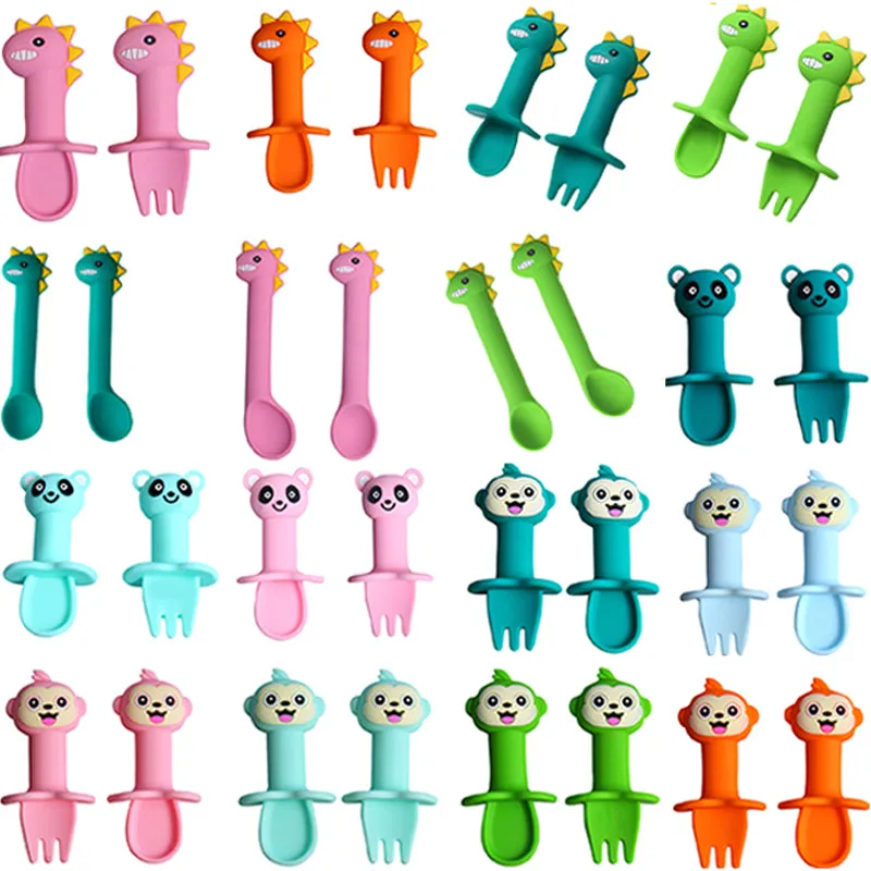 

Baby Silicone Spoon Fork Set Kid Cartoon Toddlers Infant Feeding Accessories Dishes Spoon Silicone Tableware for Children Goods