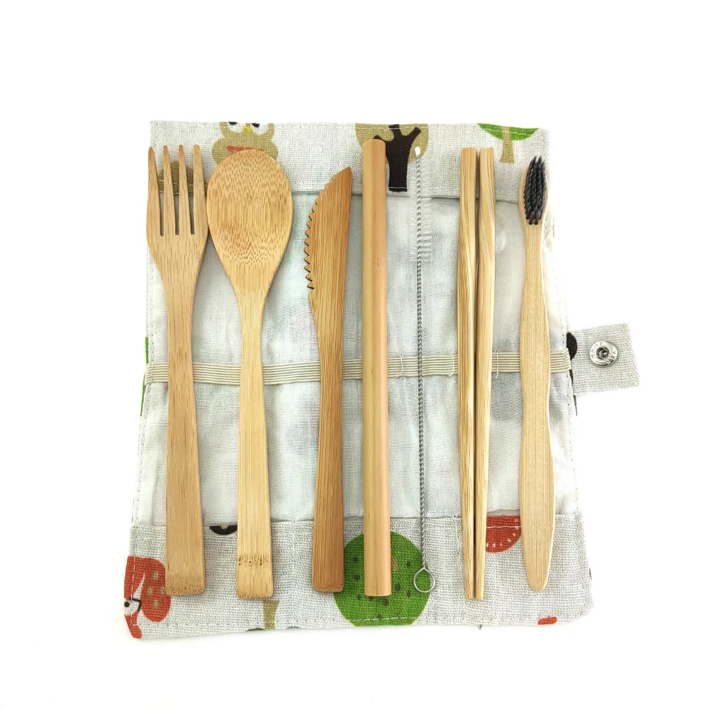 spesifikasi 7 Buah/Set Set Alat Makan Perjalanan Peralatan Bambu Ramah Lingkungan Luar Ruangan Kayu Peralatan Portabel Nol Limbah Dapat Digunakan Kembali Set Alat Makan Bambu