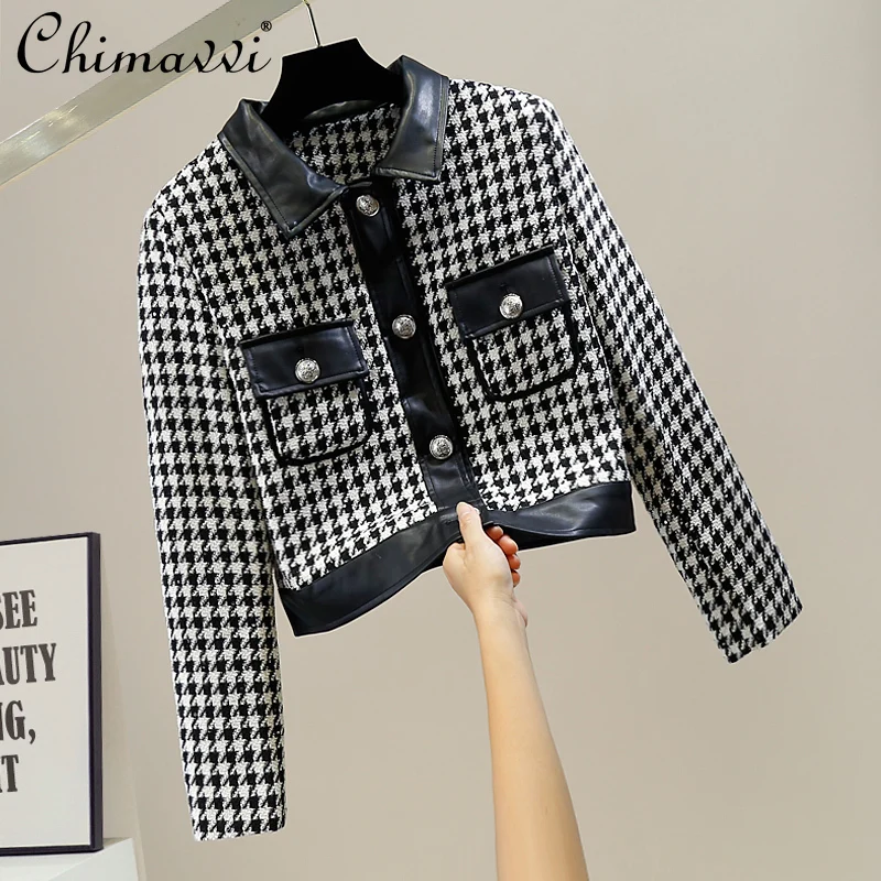

Heavy Sequins Fashion Coat 2021 Autumn Fashion Double Pocket Decorative Single-Breasted Houndstooth Short Jacket Elegant Top