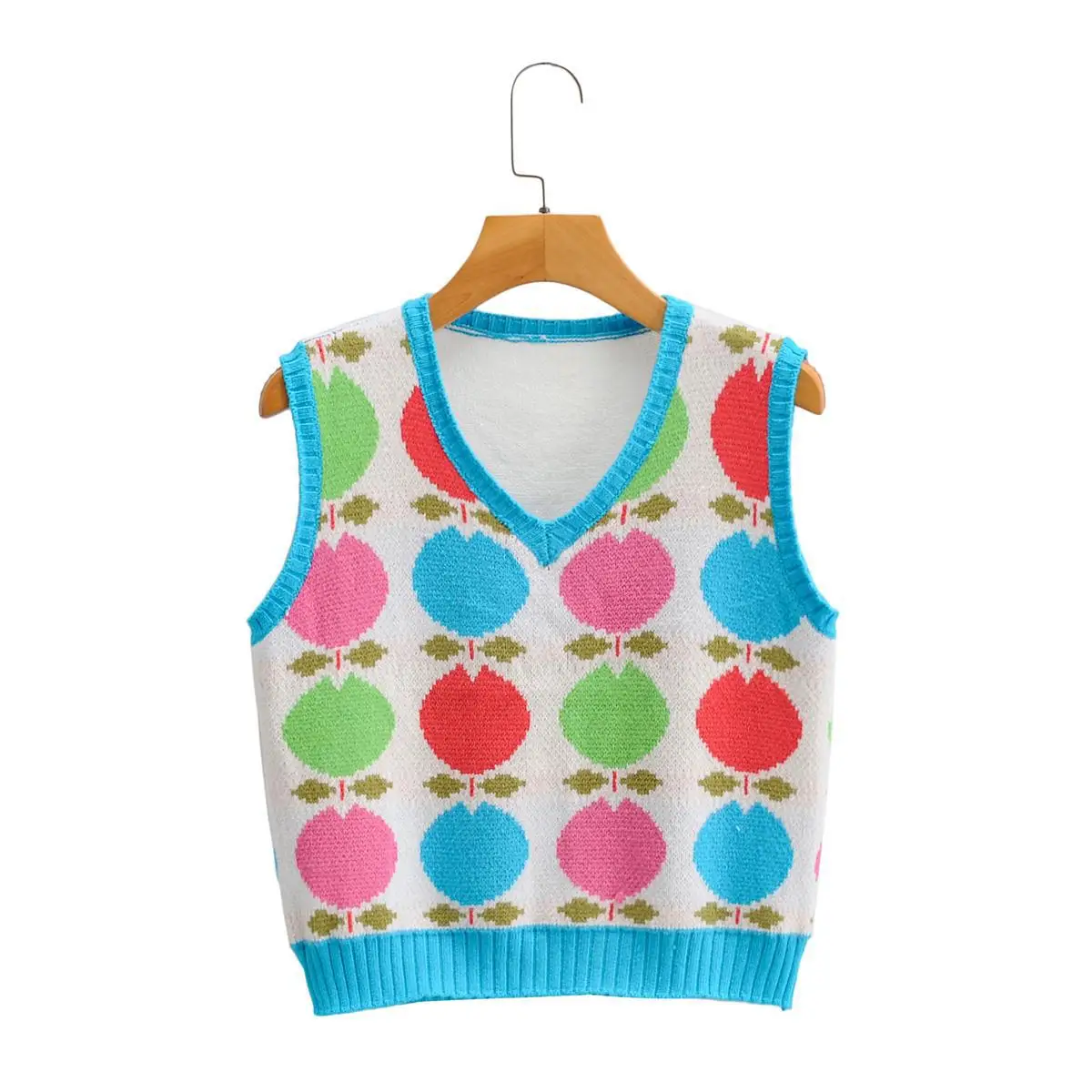 

Sweet Printing Sleeveless Knitted Vests Y2K Fashion Vintage O-neck Pink Cropped Sweater Streetwear