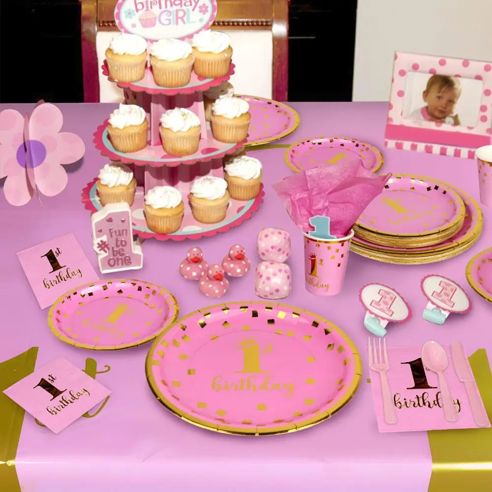

OurWarm Birthday Party Disposable Tableware Paper Cups Plate Napkin Gifts Girls Pink Disposable Birthday Party Favors Decoration