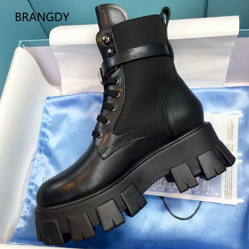 

2021 Genuine Leather Monolith Combat Boots Round Toe Removable Pouch Ankle Knight Boots Female Punk Chunky Martin Botas mujer