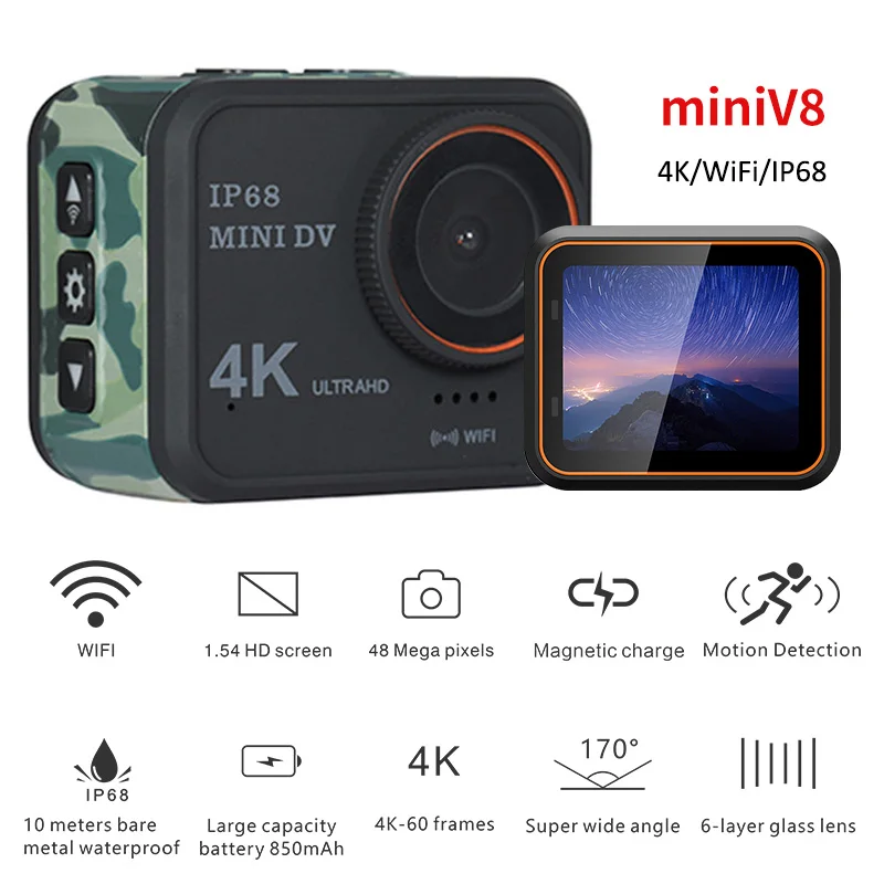 

Mini Action Camera 4k 60fps HD Wifi 10M IP68 Waterproof Helmet Video Camcorder Recording Cameras Motion DV Micro Sport Cam