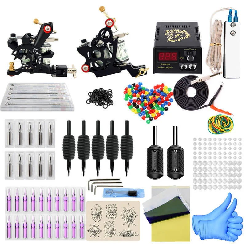 

Complete Tattoo Kit Coil Tattoo Machine Set Rotary Tattoo Pen Color Inks Power Supply Cartridge Needles