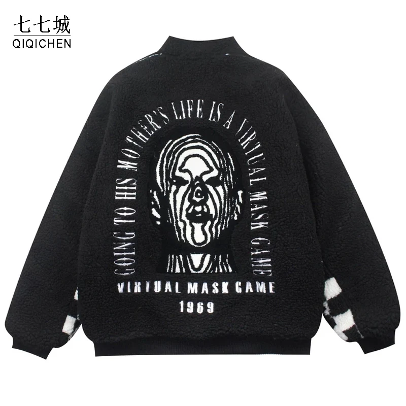 

Lambwool Hip Hop Winter Jacket Men Retro Aboriginal Portrait Bomber Jacket Embroidery Harajuku Streetwear Thicken Coat Outwear
