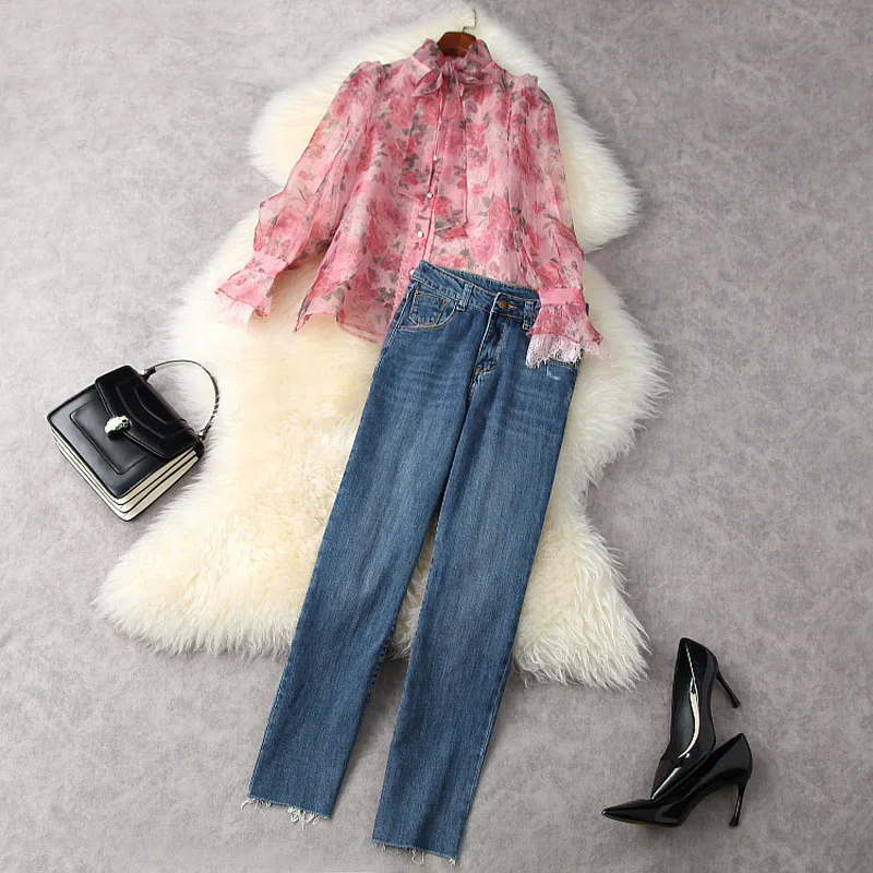 

Women girs cute organza lace tops bow collar flare sleeve shirts + jeans pants suit spring summer 2021 fashion clothing set pink