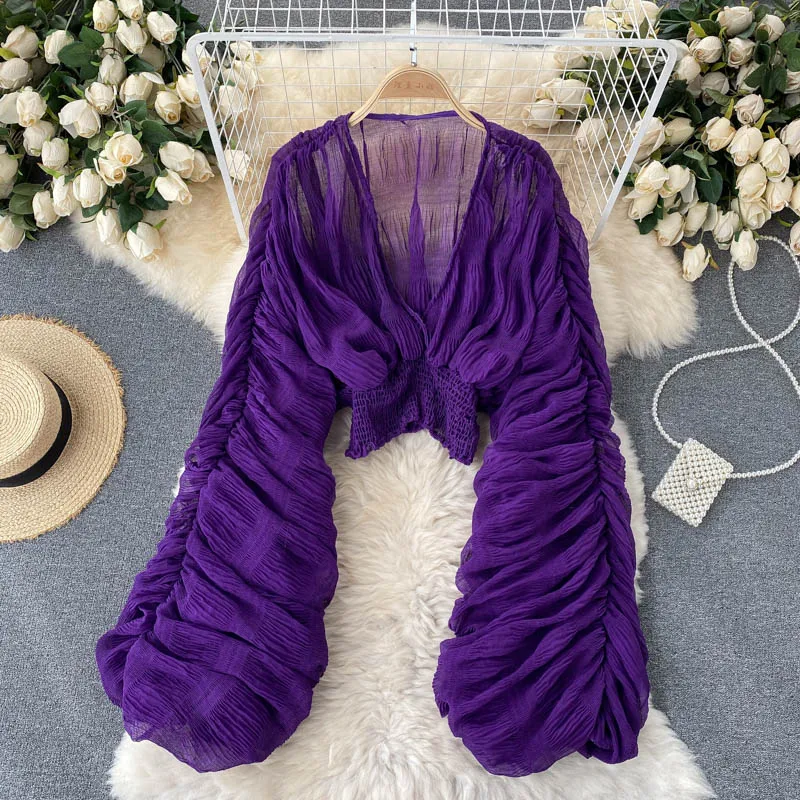 

Summer Sexy Draped Chiffon Blouse For Women Elegant V-Neck Puff Long Sleeve Short Tops Female Slim Party Shirts Female 2021 New