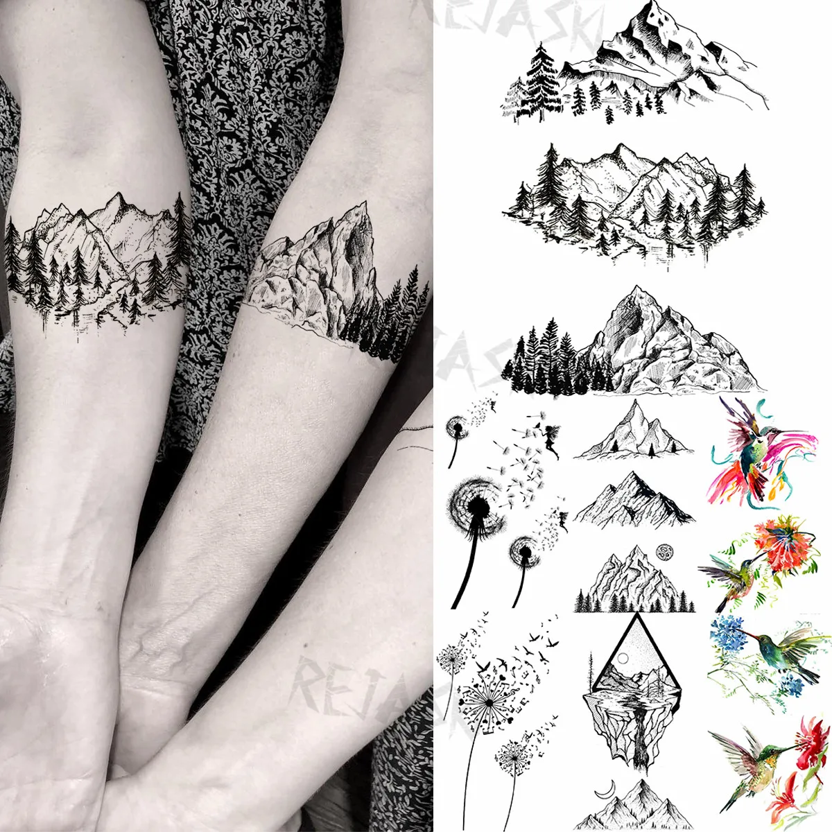 

3D Mountain Forest Temporary Tattoos For Women Adult Dandelion Hummingbird Geometry Fake Tattoo Body Art Washable Tatoos Sticker