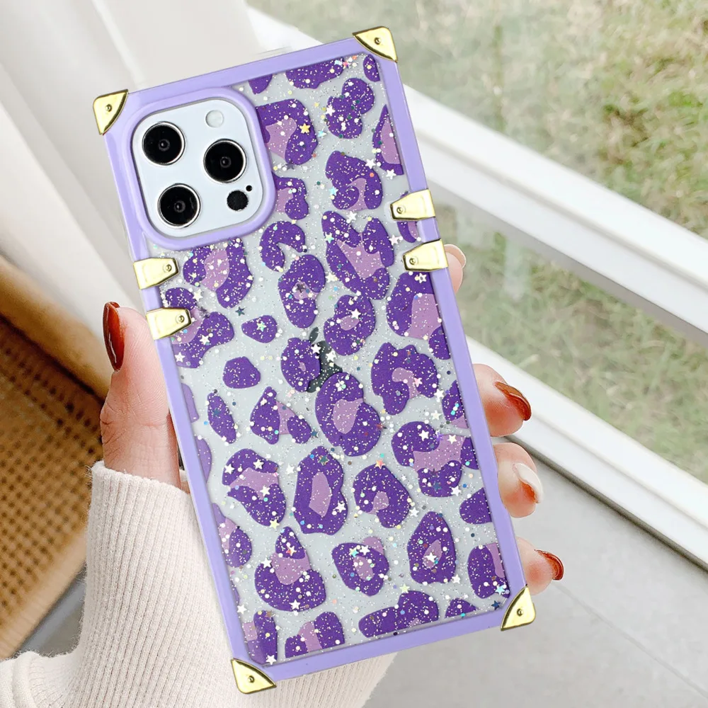 

Square Leopard Glitter Phone Case For iphone 13 11 12 Mini Pro XS Max X XR 7 8 6 6S Plus SE 2020 Luxury Silicone Soft Back Cover