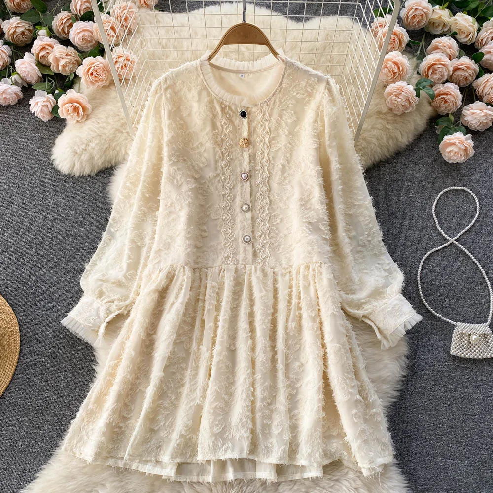 

Элегантное кружевное платье VANOVICH в Корейском стиле, Новинка осени 2022, модные милые повседневные платья до колена с круглым вырезом и свобод...