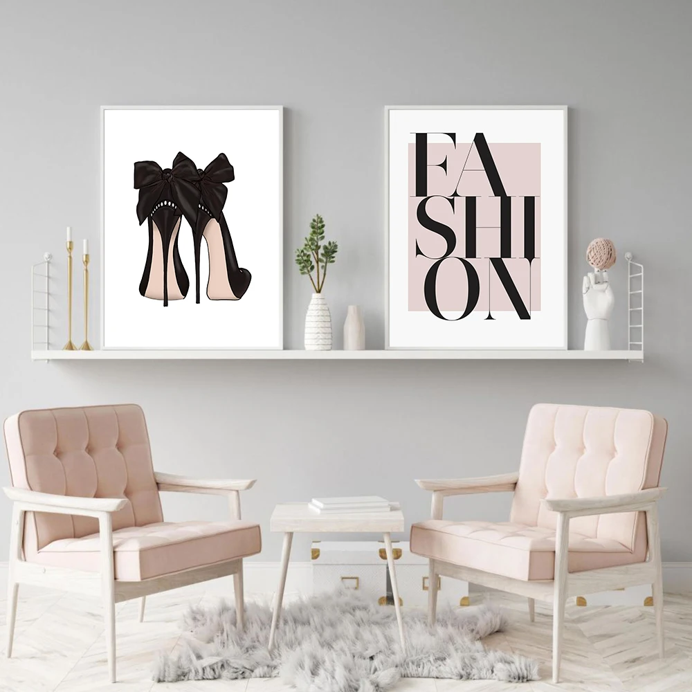 

Pink Black High Heels Canvas Print Painting Fashion Art Poster Wall Picture Salon aesthetic Girls Bedroom Living Room Decoration