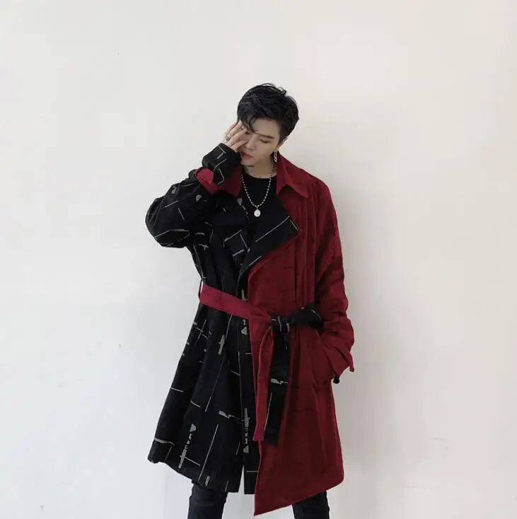 Mens trench coats man long coat men Middle length clothes Autumn and winter corduroy overcoat long sleeve Splicing Contrast