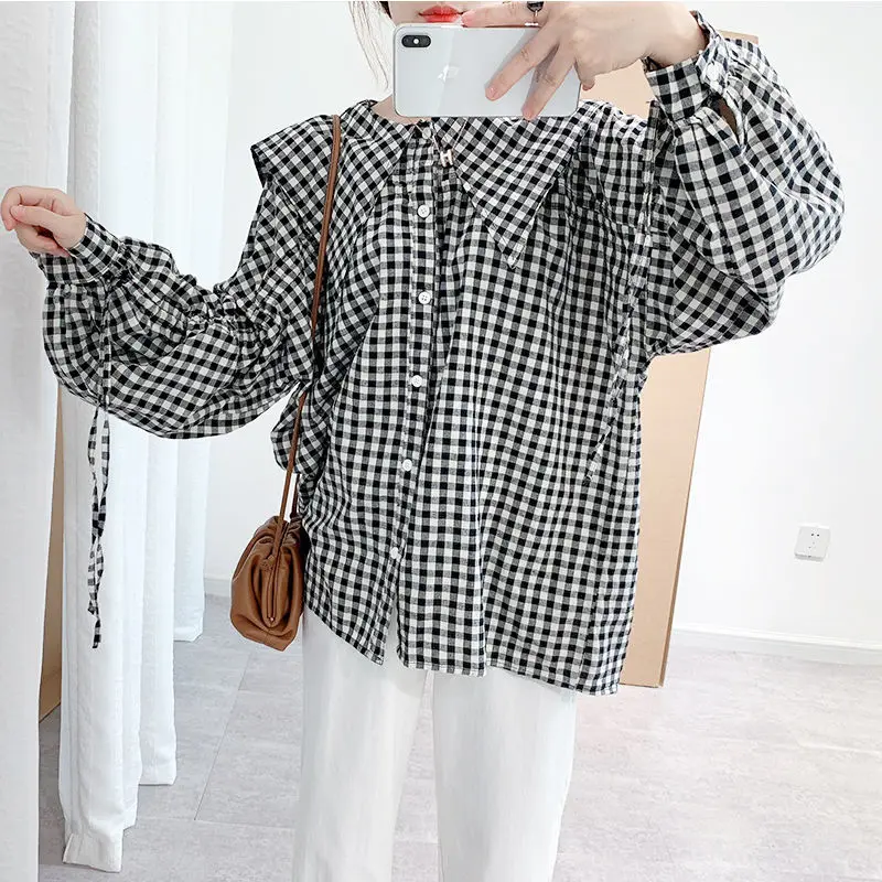 

2021 Autumn New Elegant Women Korean Fashion Long Sleeve Button Up Shirt Female Vintage Loose Peter Pan Collar Shirts Tops Q369