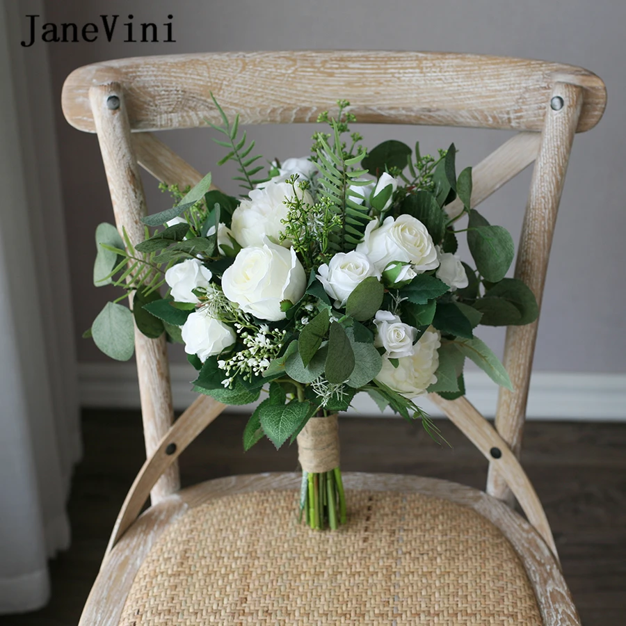 JaneVini винтажный белый зеленый Свадебный Шелковый букет Bloemen broiloft Aftificial Свадебные цветы Бохо букет цветов невесты