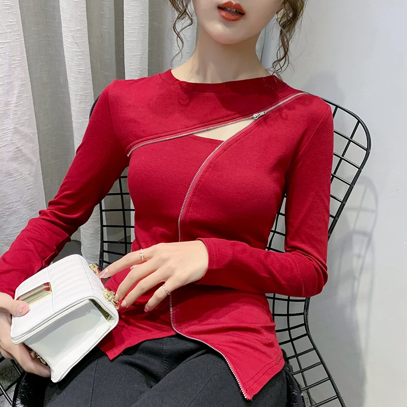 

Long Sleeve Basic T-shirt Women 2021 Spring/Fall Streetwear Cut-out Hollow Out Cotton Tshirt Girls Tees Tops with zip