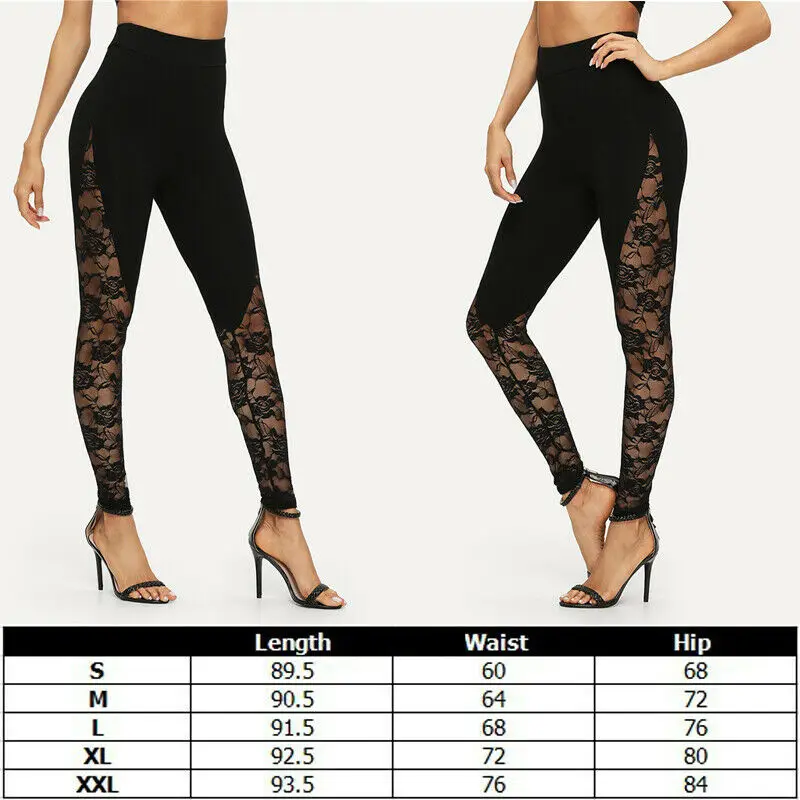 Sexy High Waist Black Lace Leggings Women's Ladies Floral Lace Side Panel Cut Out Black Leggings Plus Size S M L 2XL