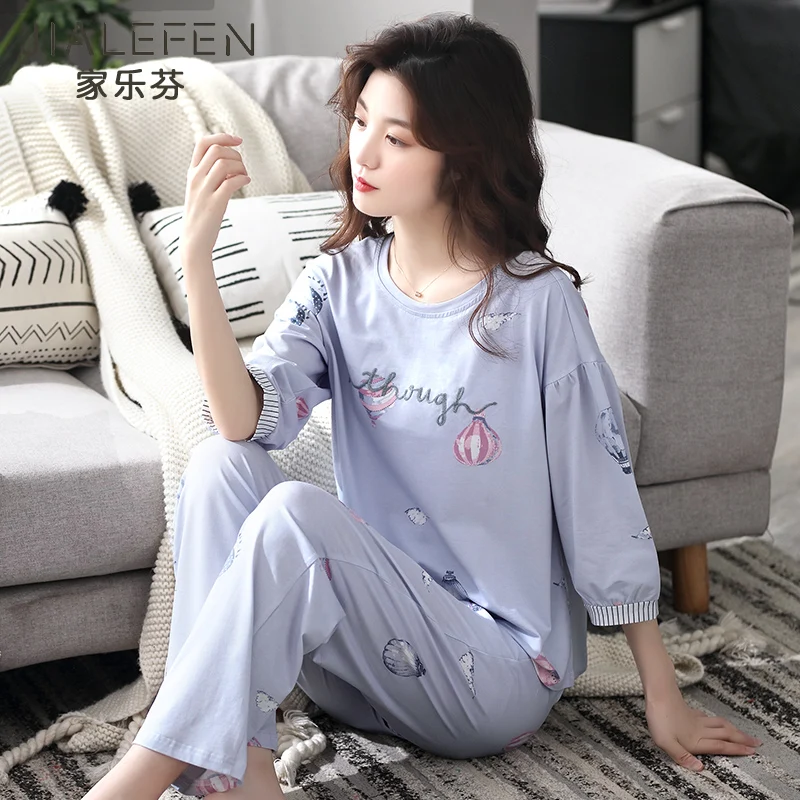 

Пижама женская хлопковая с длинными рукавами на весну и осень тонкая летняя хлопковая Домашняя одежда с короткими рукавами комплект из дву...
