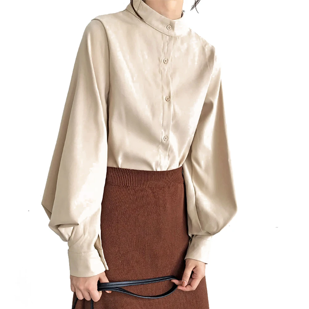 Beige Винтажные осенне-зимние плотные женские блузки с расклешенными рукавами, однобортная блузка, Женская свободная, без украшений, однотонная, Повседневная - Color: Beige