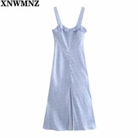 xnwmnz 2021 blue floral long dress women strap ruffle midi summer dress woman ruched sleeveless slit backless sexy dresses