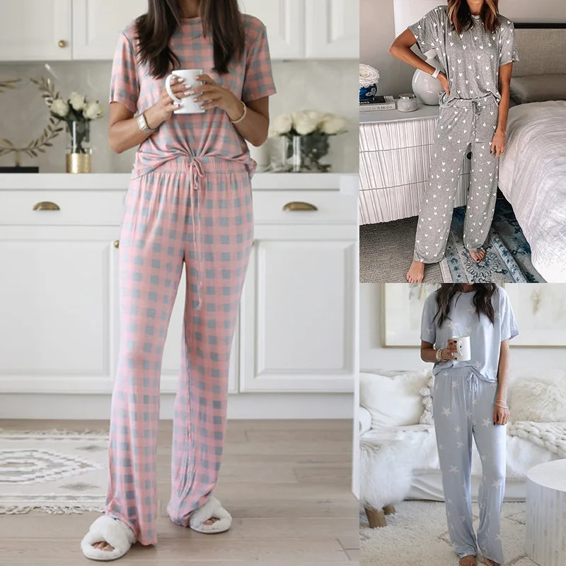 

Spring summer fashion women's short-sleeved printing two-piece casual loose trousers pajamas suit home service Women's clothes