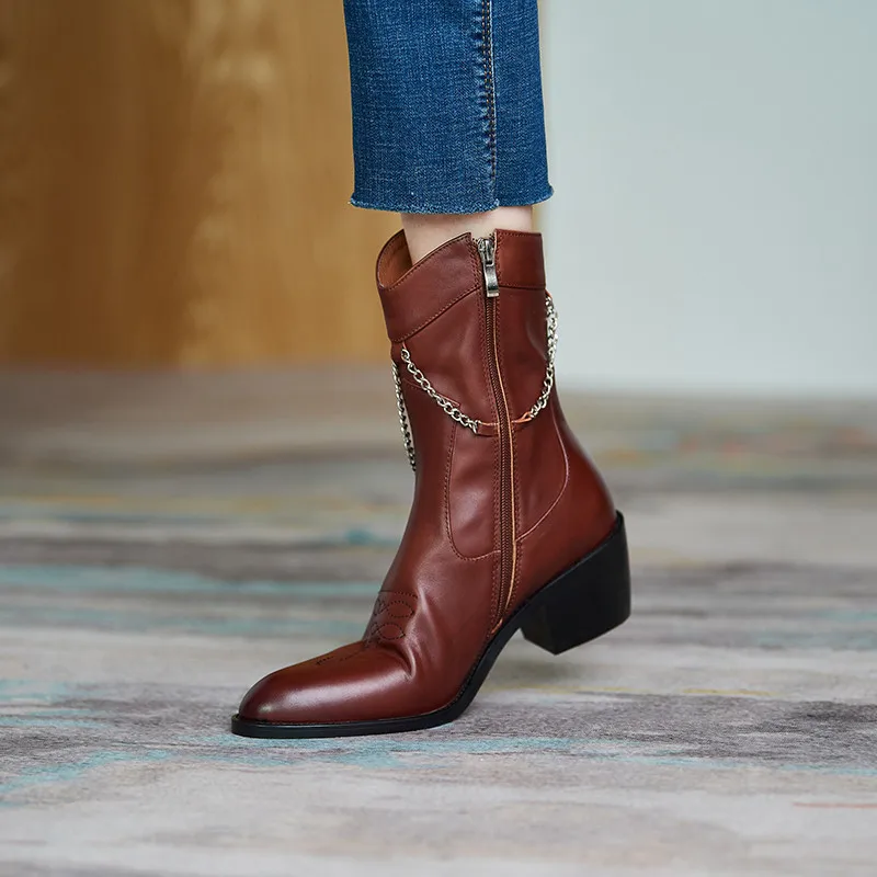 

MEMUNIA 2021 Top Quality Genuine Leather Cowboy Western Boots Women Thick Heel Chain Zip Fashion Shoes Women Ankle Boots