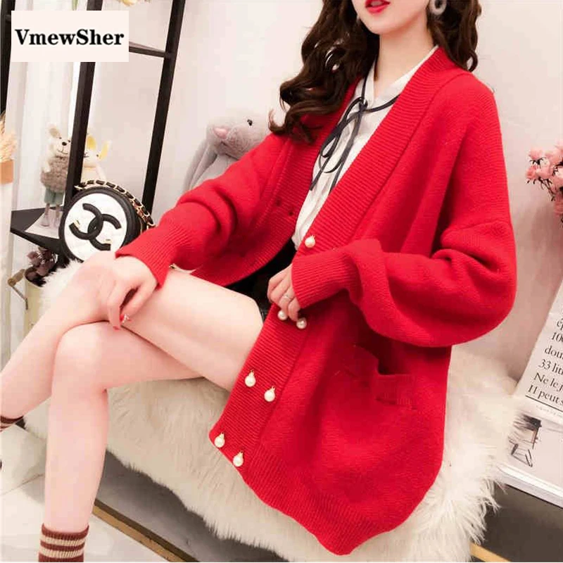 

VmewSher New Autumn Winter Women Cardigan Pearl Buttons Long Sleeve Lady Elegant Sweater Coat Fashion Knitwear Sweet Knit Top