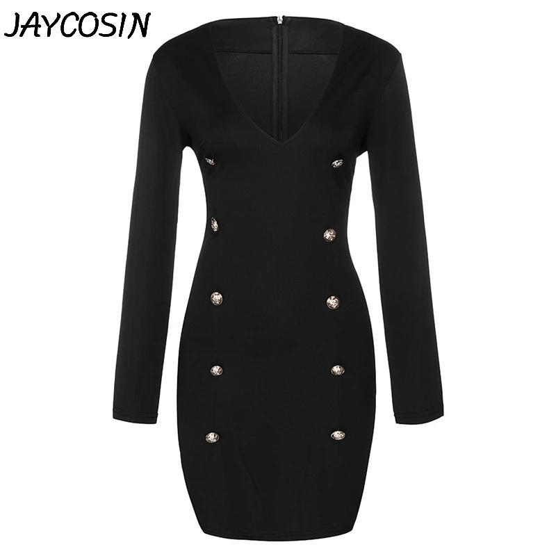 JAYCOSIN, женское платье, однотонное, черное, v-образный вырез, тонкая талия, длинный рукав, платье, Осень-зима, двубортное, облегающее, для работы, платья, Vestido