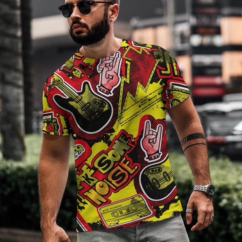 

Music rock graffiti print men's short sleeve round neck T-shirt Fashion plus Street trend Tshirt Men top tee Size 6XL