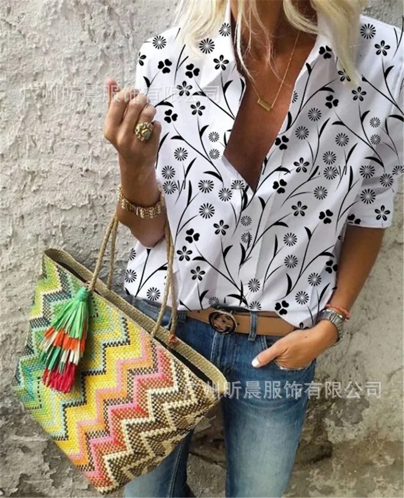 

Donsignet Fashion Women's Blouse New Spring Street Hipster Lapel Pullover Printing Loose Casual Plus Size Short Sleeve Blouse