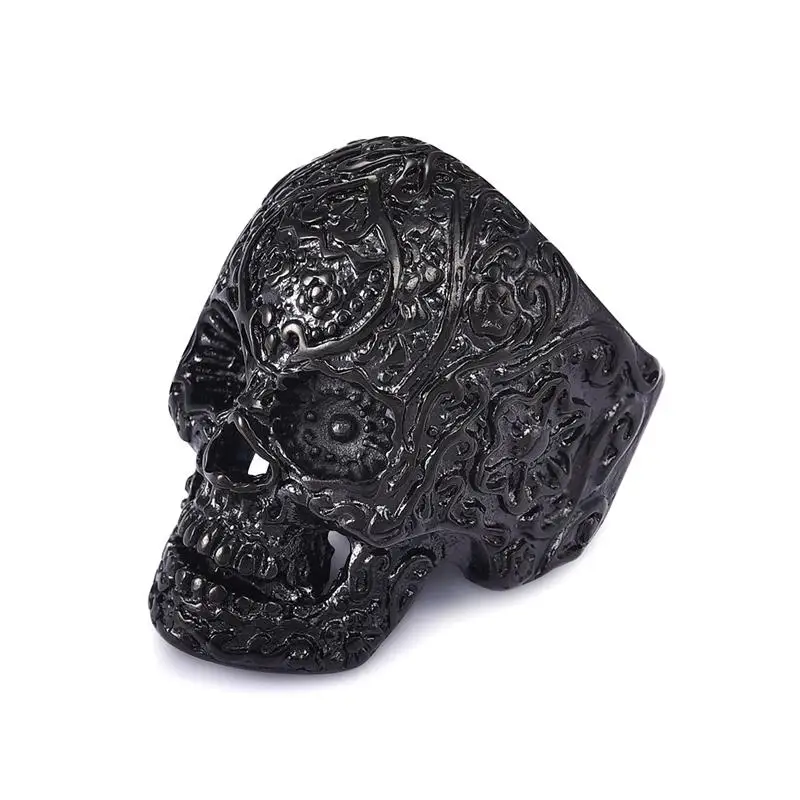 Black Jiayiqi Новинка; готический стиль; мужское кольцо в байкерском стиле из ПУ искусственной кожи байкерские из нержавеющей стали Цветы подвеска в форме скелета приведения перстни модный подарок для ювелирных изделий - Цвет основного камня: Black