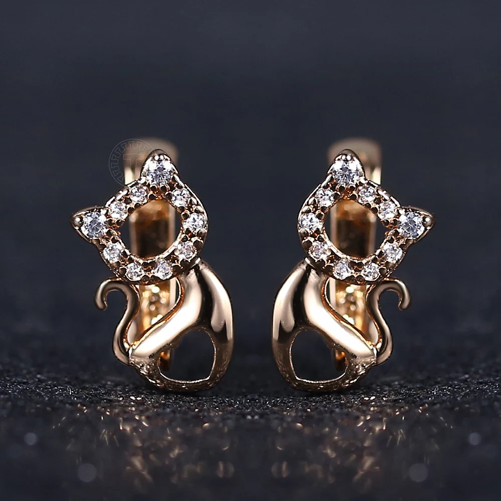 

Womens Cat Kitty Earrings Cute Little Pet Paved Cubic Zircon 585 Rose Gold Color Stud Earrings Girls Wedding Jewelry LGE293A