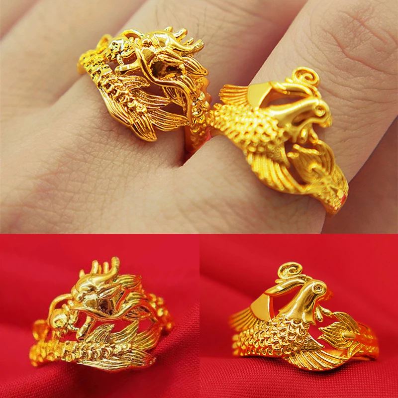 Кольцо мужское и женское в китайском стиле регулируемое желтого цвета с драконом
