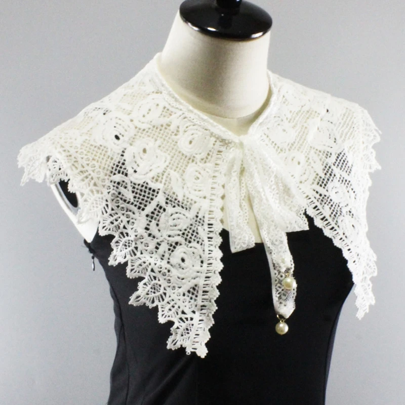 

Aesthetic Embroidery Floral Lace Big Shawl Fake Collar Ribbon Necklace Capelet XX9D