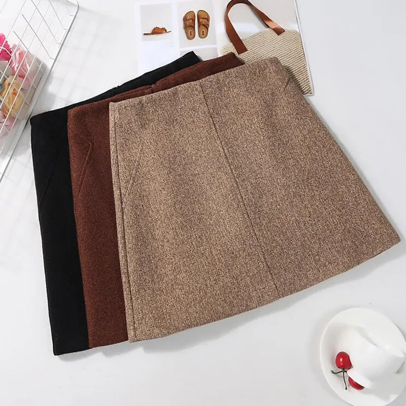 

Autumn Winter Woolen Skirt Women High Waist A Line Woolen Skirts One-pieces Solid Casual Mini Skirt Female J426