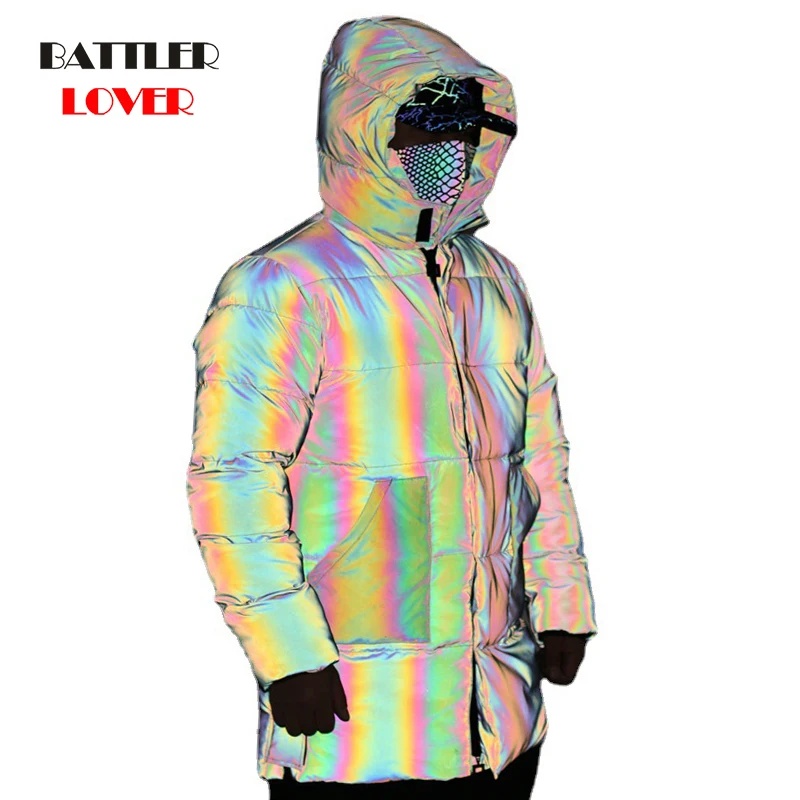 

Colorful Rainbow Reflective Winter Overcoats For Men Windbreaker Reflecting Glow Hooded Parka Male Warm Padded Coat DropShipping