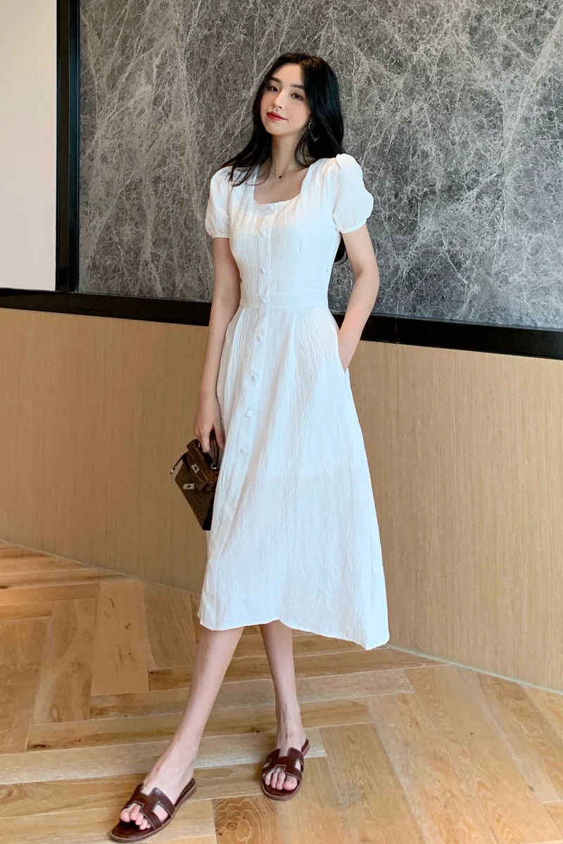 

COIGARSAM French Style Women dress Puff Sleeve Square Collar High Waist Dresses Black White 37056