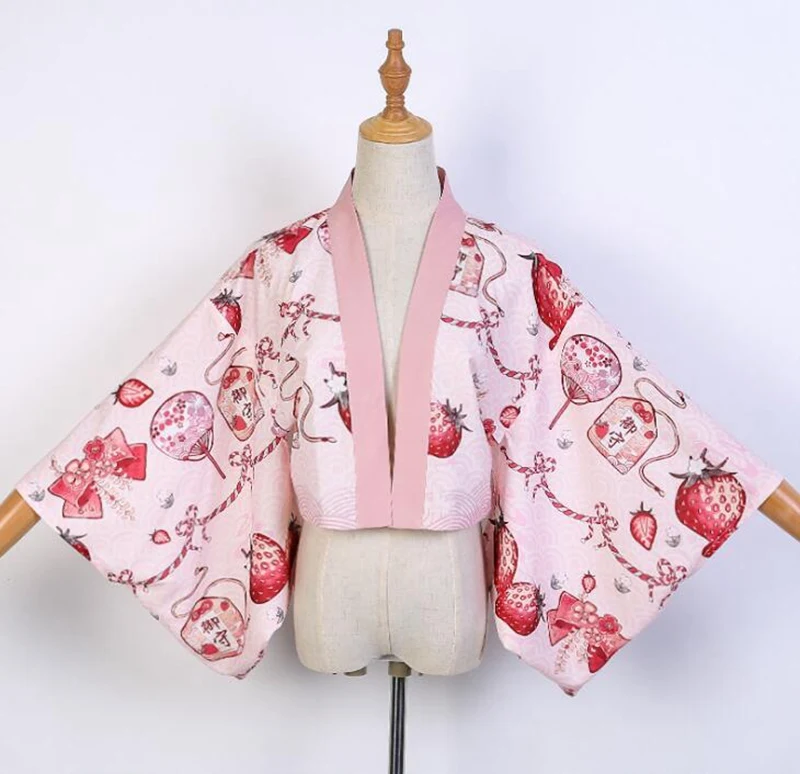 Short Haori Pink Японский стиль кимоно куртка Красный милый клубника длинное пальто Haori - Цвет: Short Haori Pink