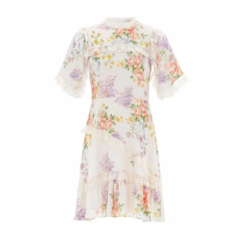

VGH Vintage Print Hit Color Dress For Women Stand Collar Short Sleeve High Waist Patchwork A Line Mini Dresses Female Summer New